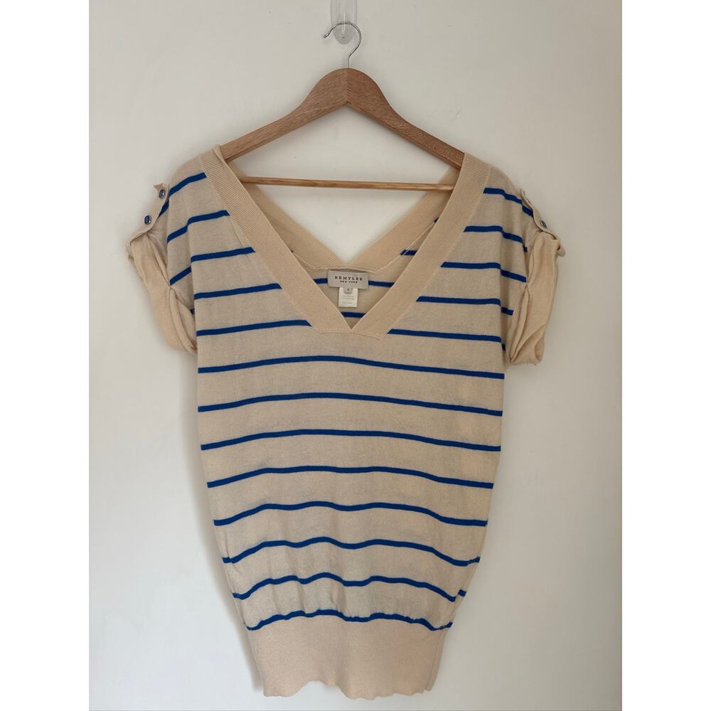 Demylee New York V-Neck Striped Cashmere Short Sleeve Sweater - Size S